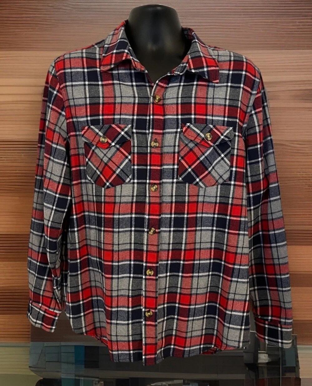 VTG 90s Open Trails Western Yoke Pocket Button Up Flannel Men’s Red Black Gray L
